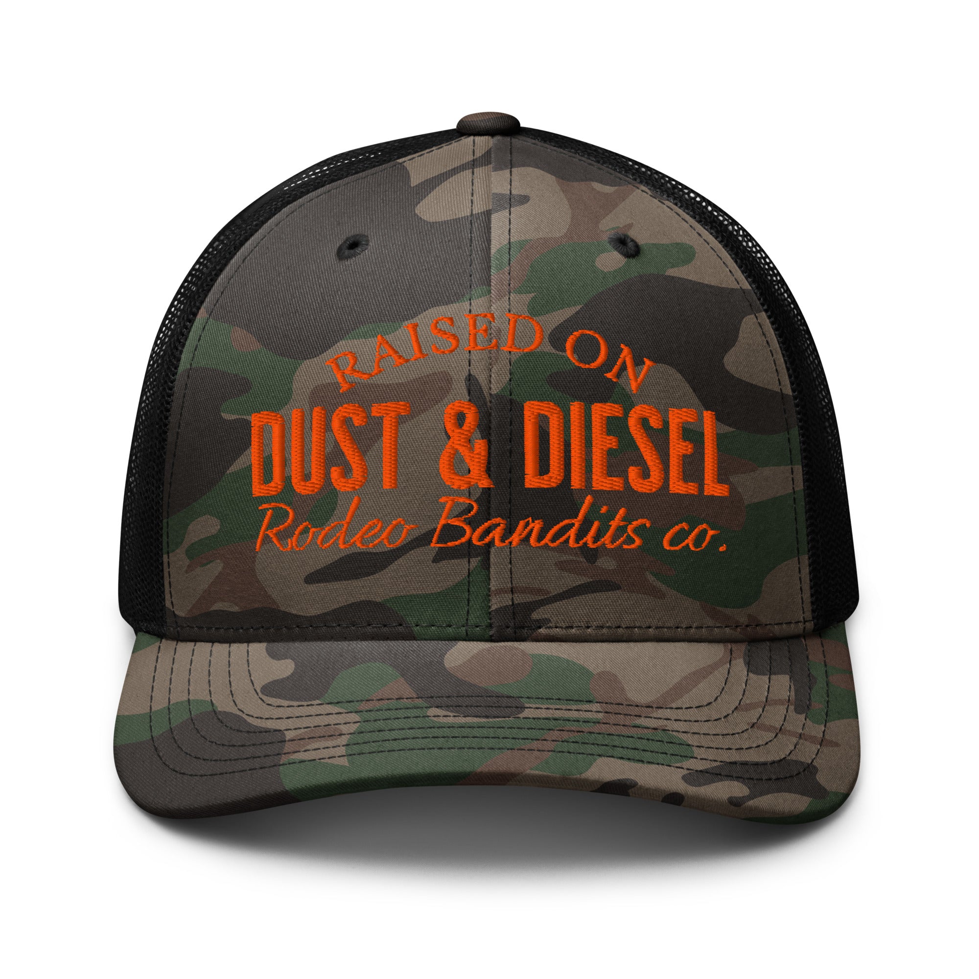 Raised on Dust & Diesel - Rodeo Bandit's camouflage trucker hat